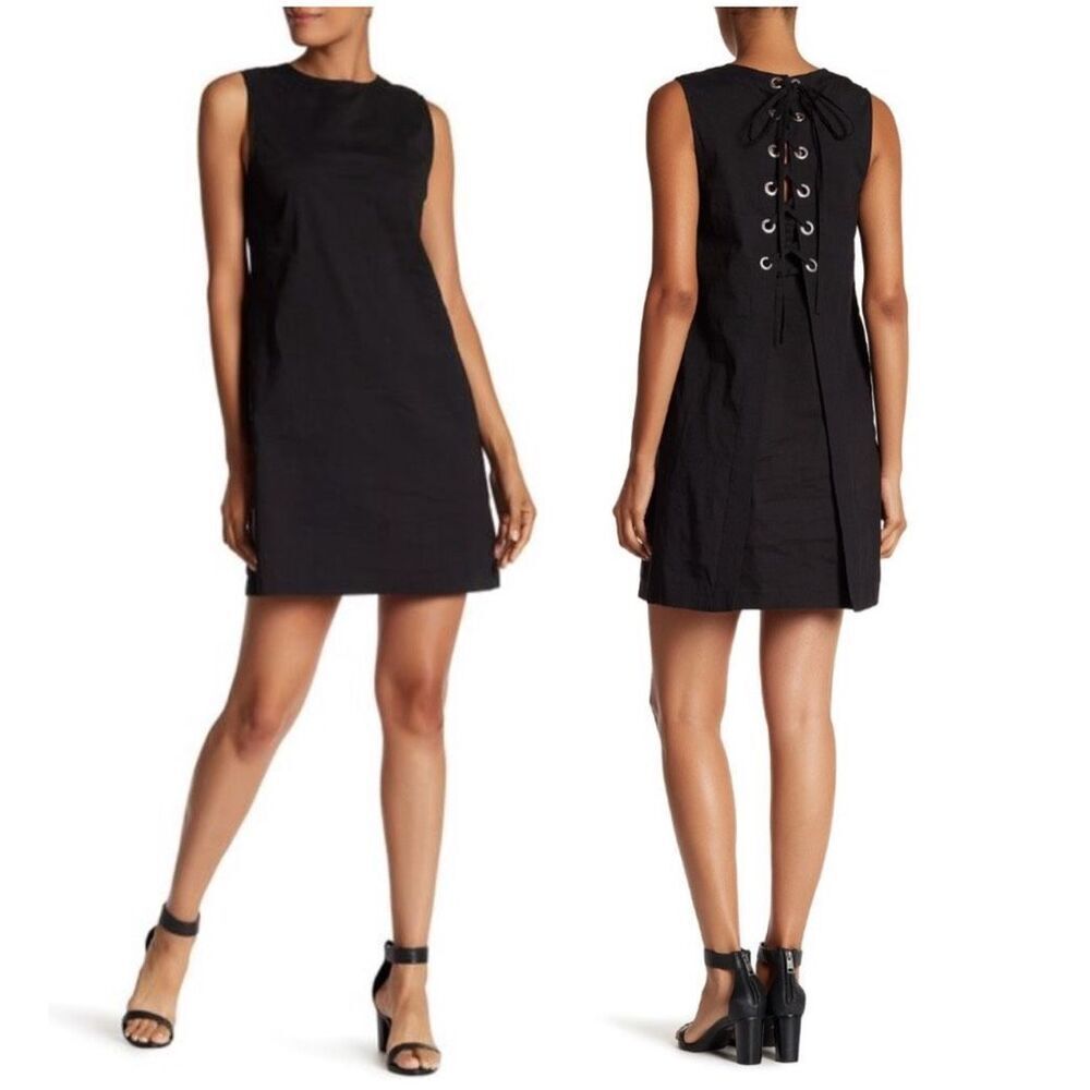 Theory Keshelle Lace Up Back Mini Shift Dress Black Sleeveless Linen size‎ 10
